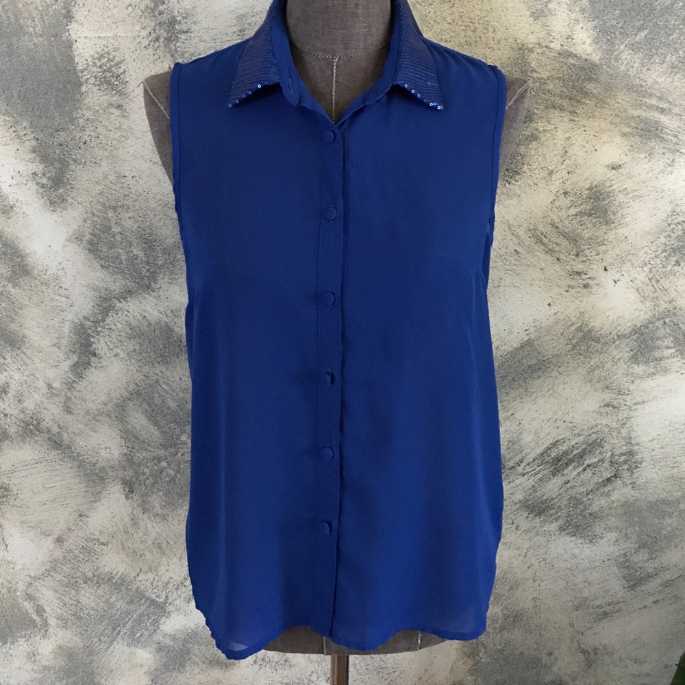 NWT Forever 21 Cobalt Blue Sequin Collar Sleeveless Button Down Blouse S - Picture 3 of 7